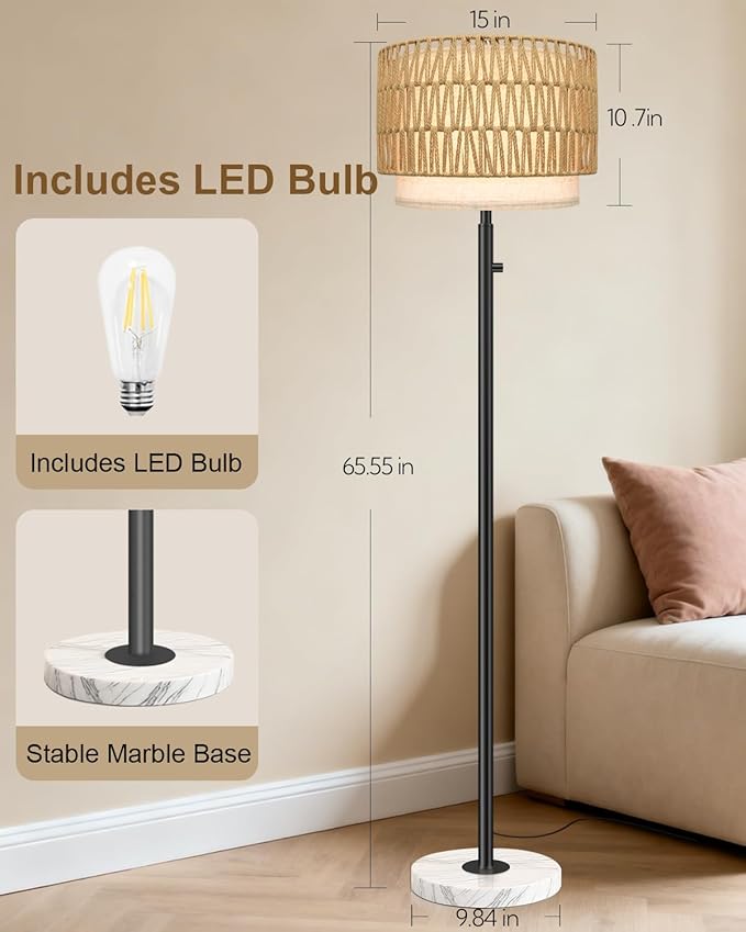 Rattan Floor Lamp,Floor Lamp for Bedroom,Modern Standing Lamp with Marble Base,Dimmable Standing Lamp for Bedroom, Reading,Office & Kids' Room,LED Bulb Included