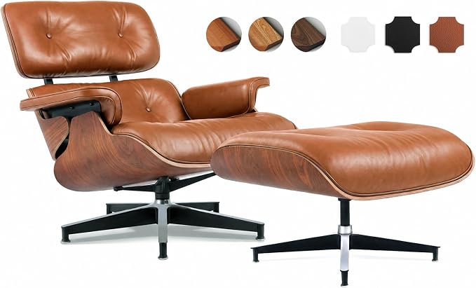Top Grain Leather, Mid Century Chaise Lounge Chair and Ottoman, Modern Chair Classic Design, Heavy Duty Base Support for Living Room Study Lounge Office, Palisander-Brown, Heightening