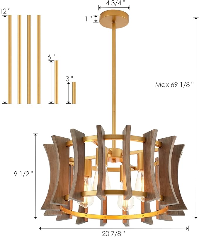 Industrial Wood Chandelier, with Antique Brass Brush Paint Finish Shade Pendant Lighting Fixture for Dining Room Kitchen Island Living Room Bedroom 4-Light