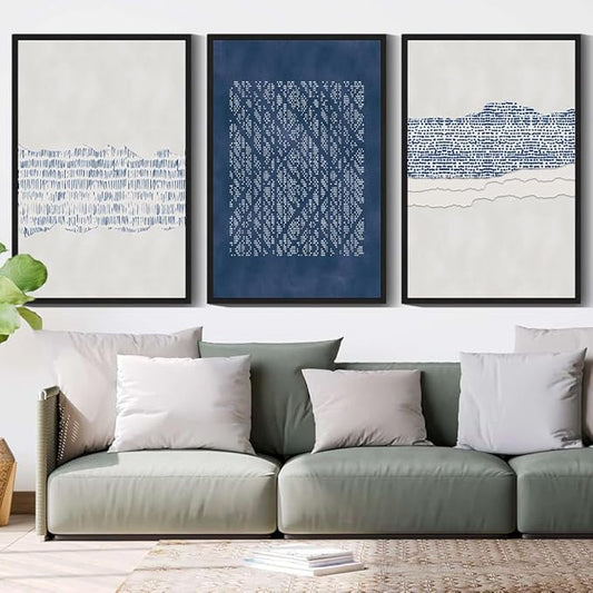 Drsoum Blue Abstract Boho Framed Wall Art Large 24x36in Minimalist Mid-Century Modern Wall Decor Geometric Artwork Kitchen Dining Room Black Framed