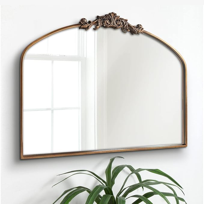 Gold Arched Mirror,Baroque Brass Fireplace Mirror Decor, Victorian Vintage Mirrors with Full Matel Frame,Ornate Mirrors for Entryway/Bathroom/Living Room/Hallway 36"X30"