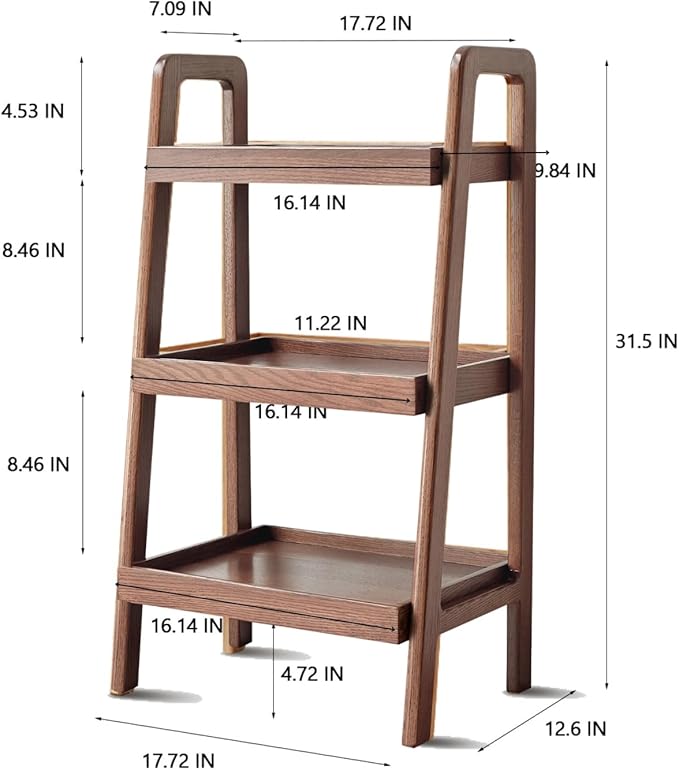3-Tiers Ladder Shelves, 100% Solid Wood Ladder Bookshelf with Storage, Small Bookshelf, Small Side End Table for Living Room, Kitchen, Bathroom (Walnut Color)