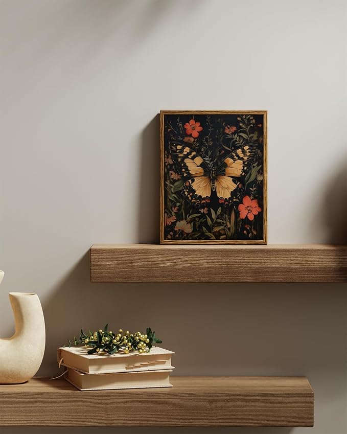 InSimSea Vintage Butterfly Canvas Framed Wall Art, Painted Canvas Art, Insect Themed Wall Art, Nature Themed Decor for Living Room, Bedroom, Bathroom, Kitchen, 8x10in