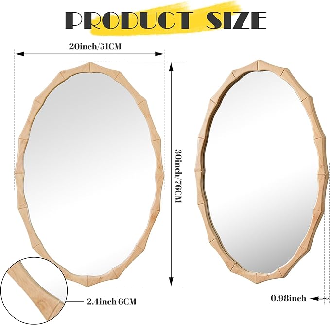 sawsile Oval Wood Mirror,Rustic 20x30 Inch Bamboo Farmhouse Decorative Vanity Natural Mirrors for Bedroom, Bathroom, Living Room,or Entryway