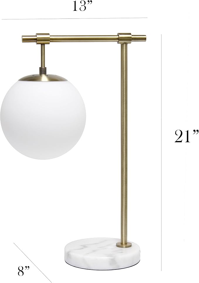 Elegant Designs LT2115-ABS 21" Mid Century Modern White Glass Globe Shade Table Desk Lamp with Antique Brass Arm and Marble Base for Study, Living Room, Bedroom, Entryway, Antique Brass