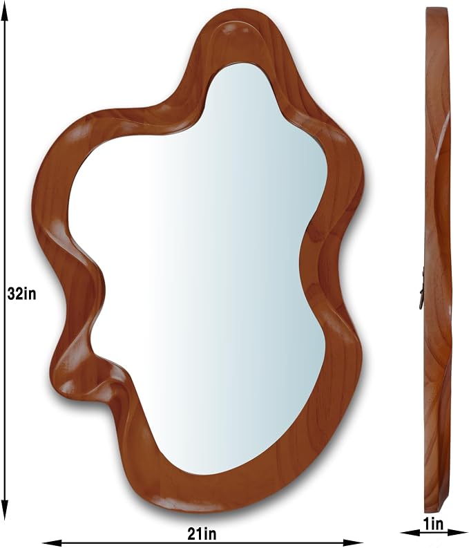 32"x 21" Irregular Wall Mirror, Walnut Wooden Framed Asymmetrical Wall Mirror for Living Room Bedroom Entryway Bathroom Modern Decorative Hanging Hooks