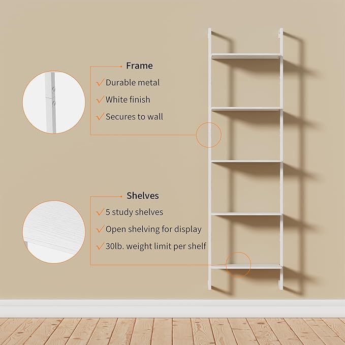 5 Tier Industrial Ladder Bookshelf 15.74" Dx9.44 Wx62.99 H, Wall Mounted Bookcase with Metal Frame for Home Office, Living Room, Study，White