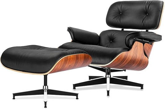 Mid Century Chaise Lounge Chair and Ottoman, Reading Chair, Leather Accent Chair, Modern Chair, Classic Design, Heavy Duty Base Support for Living Room Lounge Office (Palisander-black, Upgraded)