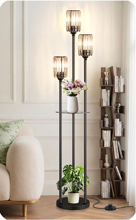 Crystal Floor Lamp for Living Room with Shelves, Industrial Modern Standing Black Lamp with Table for Bedroom, Glass Vintage Unique Tall 3-Lights Fancy Lamp with ON/Off Foot Switch Gold
