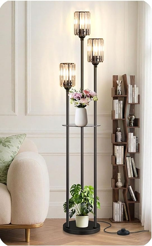 Crystal Floor Lamp for Living Room with Shelves, Industrial Modern Standing Black Lamp with Table for Bedroom, Glass Vintage Unique Tall 3-Lights Fancy Lamp with ON/Off Foot Switch Gold