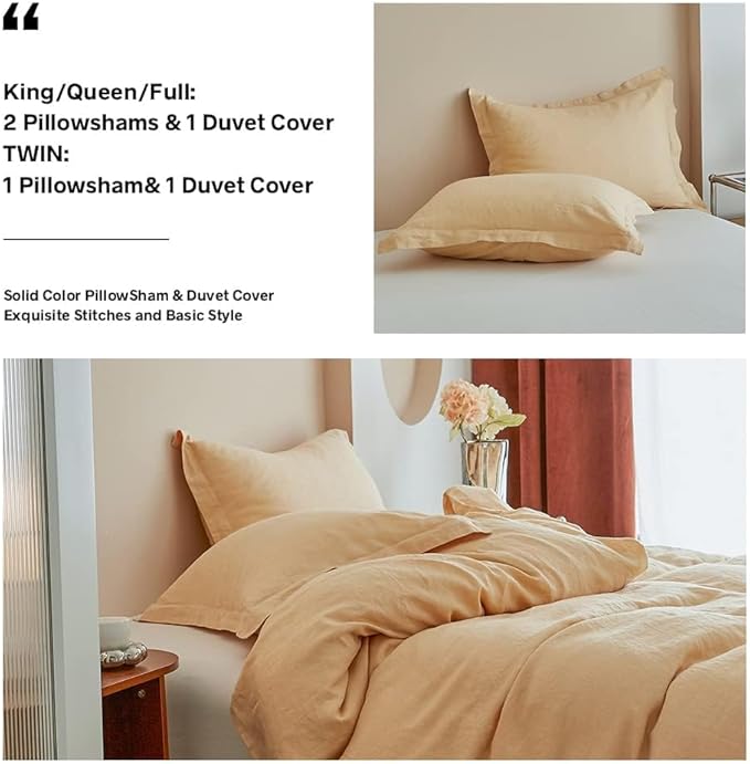 Simple&Opulence 100% Linen Duvet Cover Set, 3 PCS Natural French Flax Sand Duvet Cover Queen Size, Breathable Soft Comfy Linen Bedding Comforter Cover with 2 Pillowcases(Sand, 88"x92")