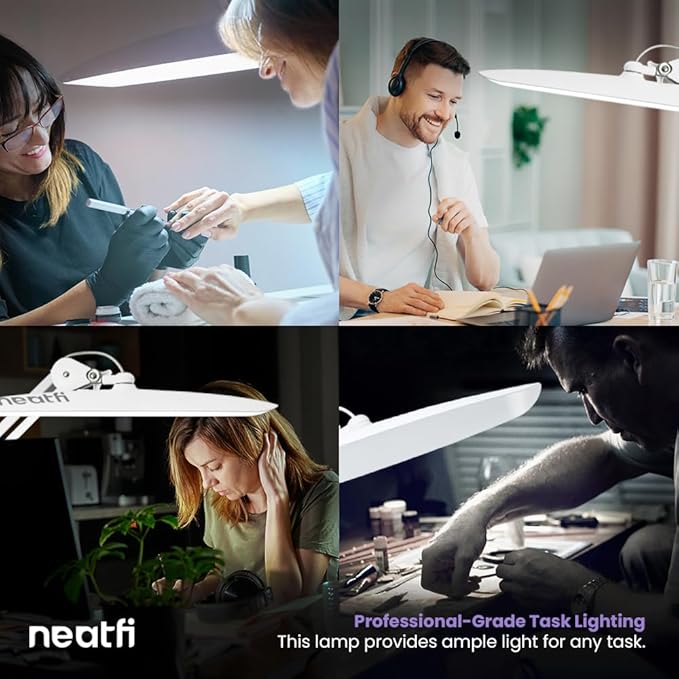 Neatfi XL Nail Desk Lamp with Clamp, 2200 Lumens, 20-Inch Wide Head, Dimmable 4 Levels, 6500K, LED Task Light for Manicure Table, Crafts, Workbench, Office (Non-CCT with Base, White)