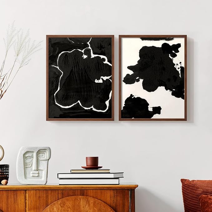 Renditions Gallery Set of 2 Peel & Stick Framed Prints, Fluid Abstract Wall Art, Black and White Inkblot Wall Decor, Re-Stickable - Ready to Hang - 16"x20" - Walnut Frame LT588
