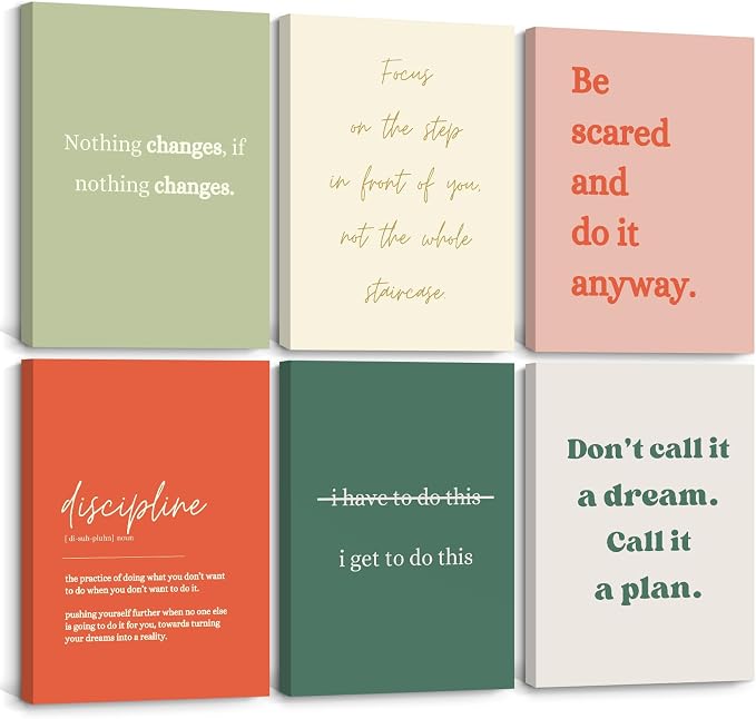 Office Wall Art Motivational Posters Inspirational Quote Canvas Wall Decor Office Positive Pictures Inspirational Classroom Art Motivational Work Prints for Gym Home 12x16 Inch Wrapped Canvas Set of 6