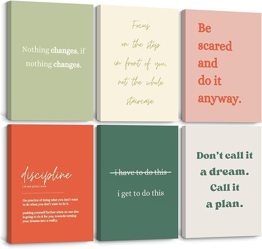Office Wall Art Motivational Posters Inspirational Quote Canvas Wall Decor Office Positive Pictures Inspirational Classroom Art Motivational Work Prints for Gym Home 12x16 Inch Wrapped Canvas Set of 6