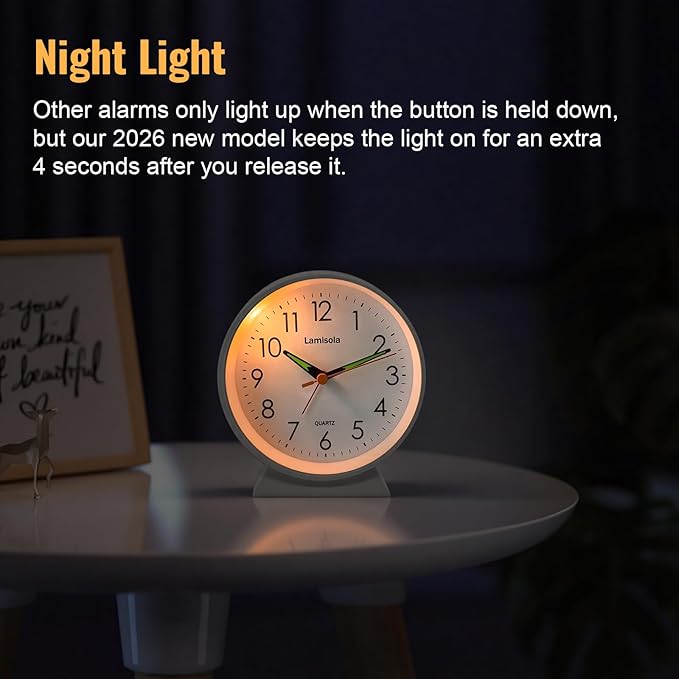4.5 Inch Small Silent Analog Alarm Clock, Retro Battery Operated Desk Clock with Night Light Stays On 4 Seconds Vintage Metal Table Clock for Bedside, Nightstand, Bedroom, Office, Bathroom - White