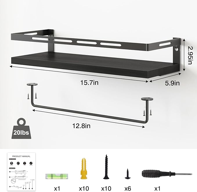 YGEOMER Floating Shelves for Bathroom Organizer Over Toilet, Wall Mounted Bathroom Shelves with Towel Bar, Wall Shelf for Bedroom Kitchen Living Room Storage (Black-Black)
