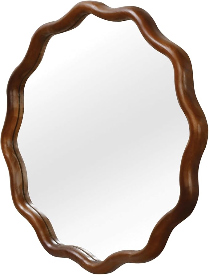 24" Wavy Round Solid Wood Frame Decorative Mirror, for Bedroom, Bathroom, Living Room, Entryway, HU26052223 (Walnut)
