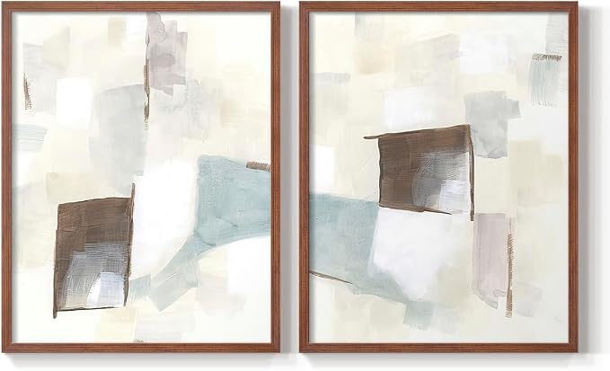 Renditions Gallery Set of 2 Peel & Stick Framed Prints, Abstract Wall Art, Minimalist Color Block Brush Strokes Wall Decor, Re-Stickable - Ready to Hang - 11"x14" - Walnut Frame LT588