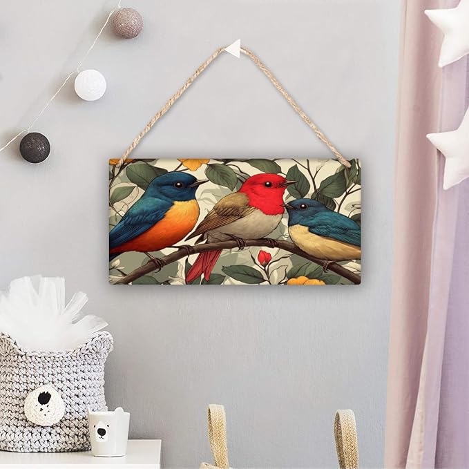 Traditional Birds Portrait Wooden Sign 12x6 Inch - Vintage Decor for Botanical Enthusiasts & Bird Lovers, Ideal for Spaces Celebrating Classic Nature Art