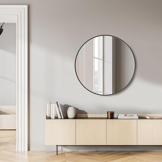 Sweetcrispy 30 Inch Round Wall Mirror with Tempered Glass, Bathroom Mirror Over Sink, Anti-Fog & Waterproof Round Mirrors for Bathroom, Entryway, Bedroom, Shatterproof Design, Black