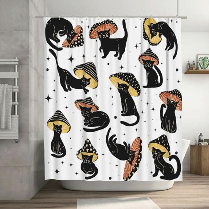 Funny Mushroom Cat Shower Curtain Retro 70s Hippie Funky Cute Cats Aesthetic Art Pattern Duty Fabric Shower Curtains Set Bathroom Polyester Waterproof with 12 Hooks, 55x72Inch（140x183cm）