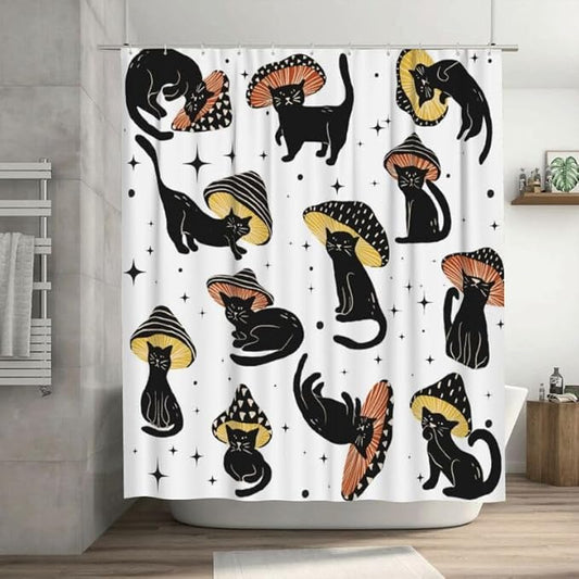 Funny Mushroom Cat Shower Curtain Retro 70s Hippie Funky Cute Cats Aesthetic Art Pattern Duty Fabric Shower Curtains Set Bathroom Polyester Waterproof with 12 Hooks, 55x72Inch（140x183cm）