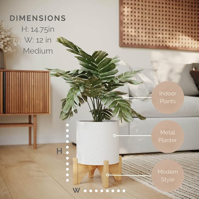 EverNest Claire Boho Modern White Planter with Arch Wood Stand, Indoor Mid-Century Plant Pot, SelectBase, Minimalist Planter Stand Home Décor (Medium, 2 Gallon)