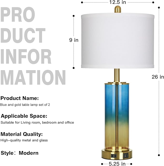 Ruzectt 26" Blue and Gold Glass Lamps Set of 2, 3-Way Dimmable Touch Coastal Bedroom Table Lamp with USB C+A Ports & AC Outlet, Elegant Brass Living Room Lamp, Nautical Bedside Lamps for Night Stands