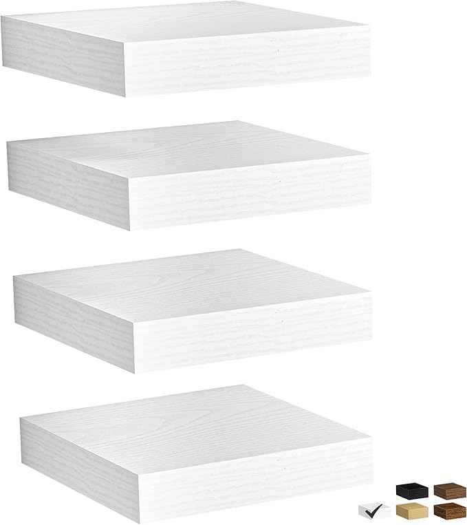 Fun Memories Rustic Floating Wall Shelves, Wall Mounted Wood Storage & Display Shelves for Bathroom, Bedroom, Living Room or Kitchen, (Set of 4, White, 8 in)