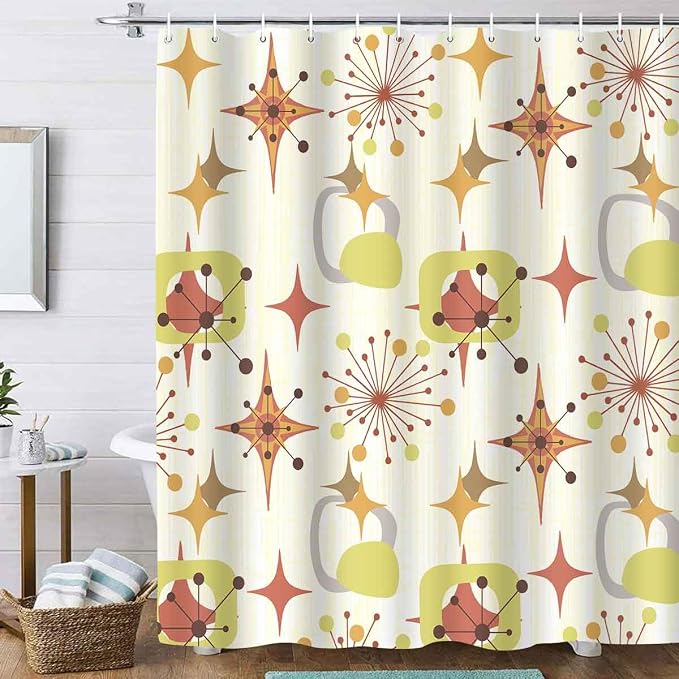 Mid Century Shower Curtain, 72x72inch, Modern Abstract Retro Yellow Striped Geometric Shower Curtain Sets 1950s Boho Bathroom Shower Curtain with 12 Hooks