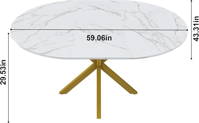 43"-59" Extendable Round Dining Table for 4-6,Modern White and Gold Dining Room Table,Expandable Kitchen Table for Small Spaces