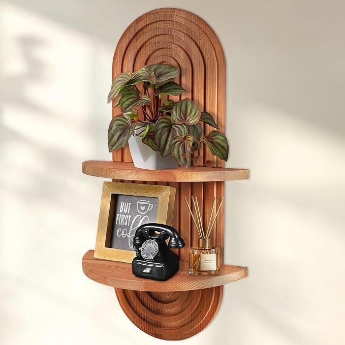 Arched Wall Shelf, Mid-Century Modern Boho Floating Shelf for Plants, Solid Wood 2-Tier Shelves for Bedroom Living Room Bathroom, Brown Wall Decor for Planter, Candlestick, Ornaments