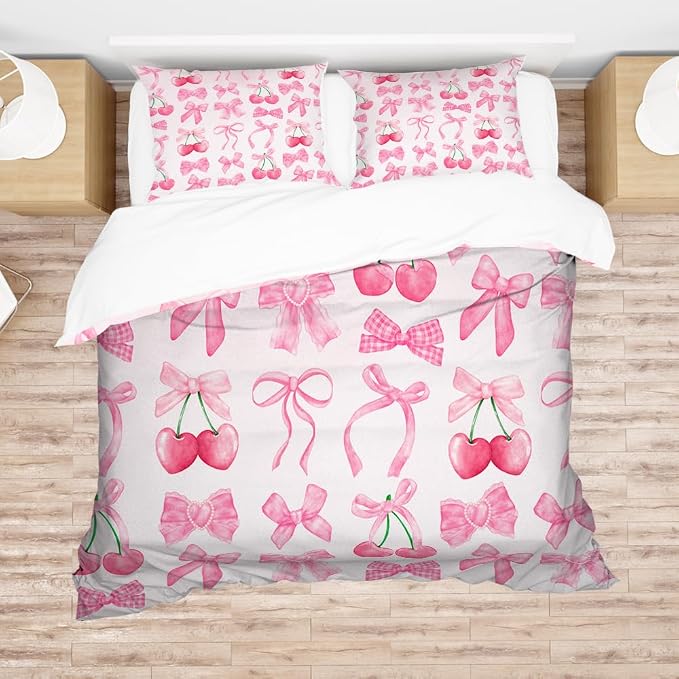 Pink Bowknot Bows Duvet Cover Bed Covers Set Twin Size,Dreamy Princess Style Kids Girls Super Soft Microfiber Bedding Set for Adults Teens Pink Cherry Bow Bedding Set Coquette Decor 68"x88"