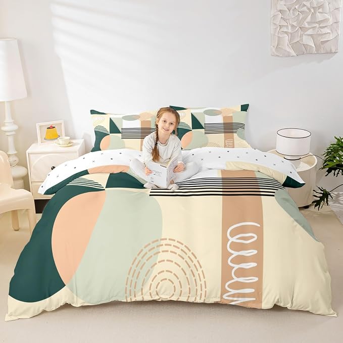 Erosebridal Green Abstract Duvet Cover Full Size for Kids Teens Girls | Colorful Geometric Comforter Cover Minimalist Circle Modern Bedding Set Boho Contemporary Aesthetic Bed Set