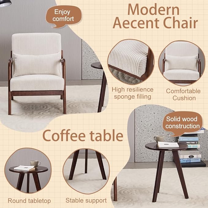 Accent Chairs with Side Table, Mid Century Modern Chair with Pillow, Arm Chair with Solid Wood, Reading Relaxing Leisure Chair for Living Room, Bed Room, Waiting Room, White