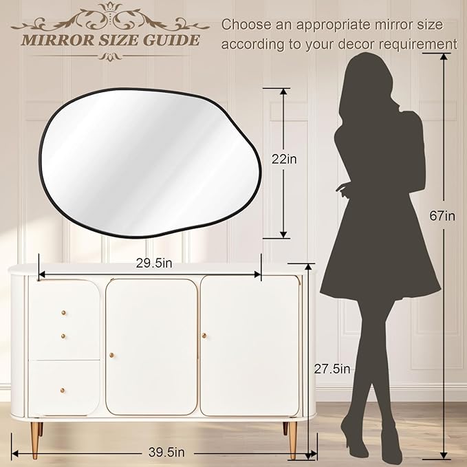 Irregular Wall Mirror, Wall Mirrors Decorative 22"x30" Black Asymmetrical Bathroom Mirrors Aluminum Alloy Frame for Bedroom, Living Room, Cloakroom, Entryway