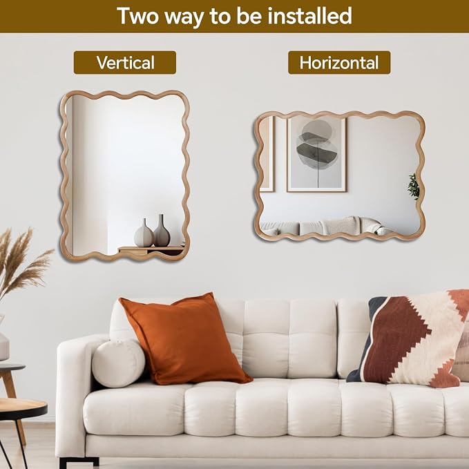 40x30 Inch Wooden Wavy Rectangle Wall Mirror, Modern Solid Wood Frame Decorative Accent Mirror for Bedroom, Bathroom, Living Room, Entryway, Natural Wood Color