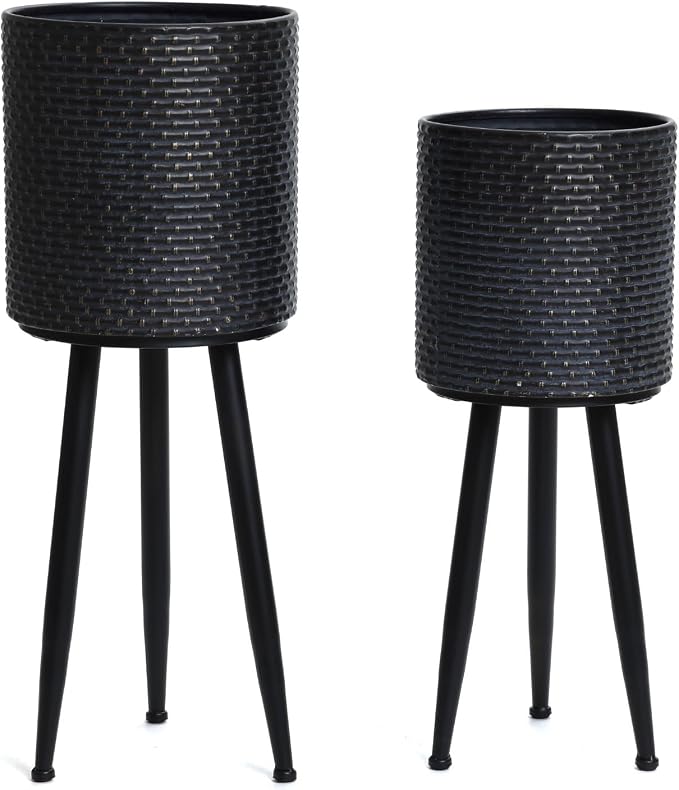 LuxenHome Mid Century Planters for Indoor Plants, Set of 2 Indoor Plant Pots, Dimpled Decorative Cachepot Planters with Black Metal Stands, Large Floor Flower Pot for Living Room, 9.5 & 10.5 Inch
