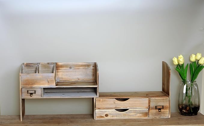 Large Adjustable Wooden Office Desk Organizer For Desktop, Tabletop, or Counter – Wood Storage Shelf Rack – For Office Supplies, Desk Accessories, or Mail - Barnwood (Vintage, Large)