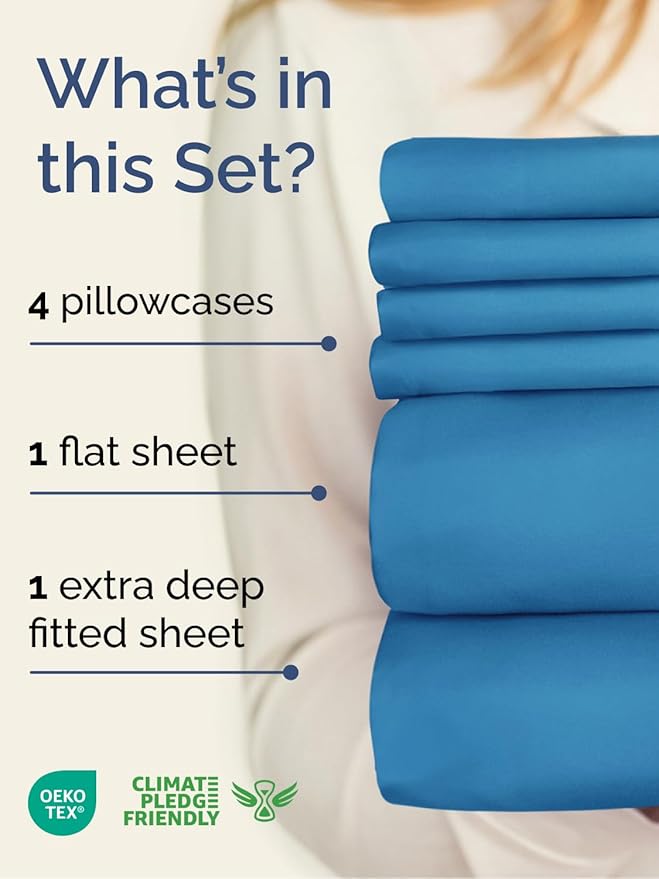 Extra Deep Queen Sheet Set - 6 Piece Breathable and Cooling Sheets - Hotel Luxury Bedding for Women, Men, Kids & Teens - Easy Secure Fit - Soft, Wrinkle Free & Comfy - Extra Deep Pockets - Denim Blue