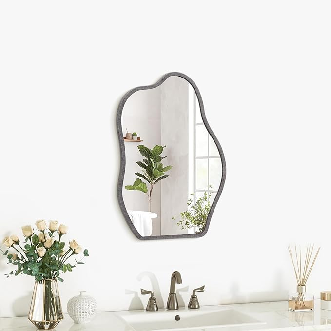 Wood Frame Mirrors Asymmetrical Irregular Wall Unique Shape Modern Wall Mounted Vanity Artistic Mirror Decorative for Living Room Bedroom Bathroom Entryway Hallway Small 14"x10"