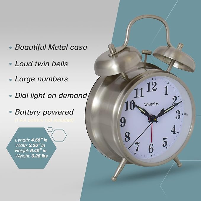 Westclox -Big Ben Twin Bell Alarm Clock | Loud Alarm Clock for Heavy Sleepers | Battery Operated Metal Clock with Backlight for Bedside Table, Bedroom, Kids Room, Desk (Silver, 4")