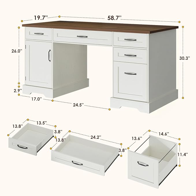 OffiGo 59 Inch Farmhouse Desk with Drawers, Executive Computer Desk with Charging Station, Wood File Cabinet Storage for Home Office, Walnut+White