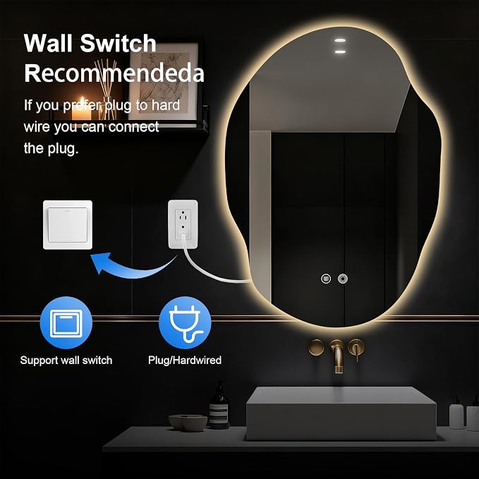 Asymmetrical Bathroom Mirror with Lights,Irregular LED Bathroom Vanity Mirror with Backlit,Anti-Fog,3 Colors and Dimmable Light with Memory,Hardwired Supported[Horizontal/Vertical] 35" H x 25" W