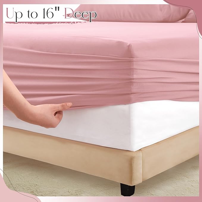 Horbaunal Dusty Pink Ruffle Sheets King Size 6 Piece, Fits 16" Deep Mattress, Microfiber Pink King Sheets with 2 Ruffled Pillowcases, Shabby Chic Bed Sheet Set