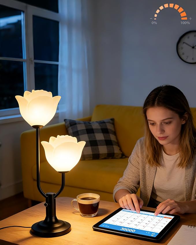 Lightdot Women Bedside Table Lamps for Bedroom, 2-Light Cute Flower Desk Lamp with G9 LED Bulbs, 0-100% Stepless Dimmable Black Nightstand Lamp, Floral Lamp for Living Room, Home Office,Reading