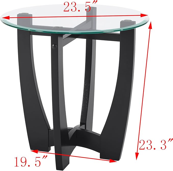 23.5" Round Glass End Table, Modern Side Table with Tempered Glass Top and Black Solid Wood Base, Small Circular Coffee Table for Living Room, Office, Apartment