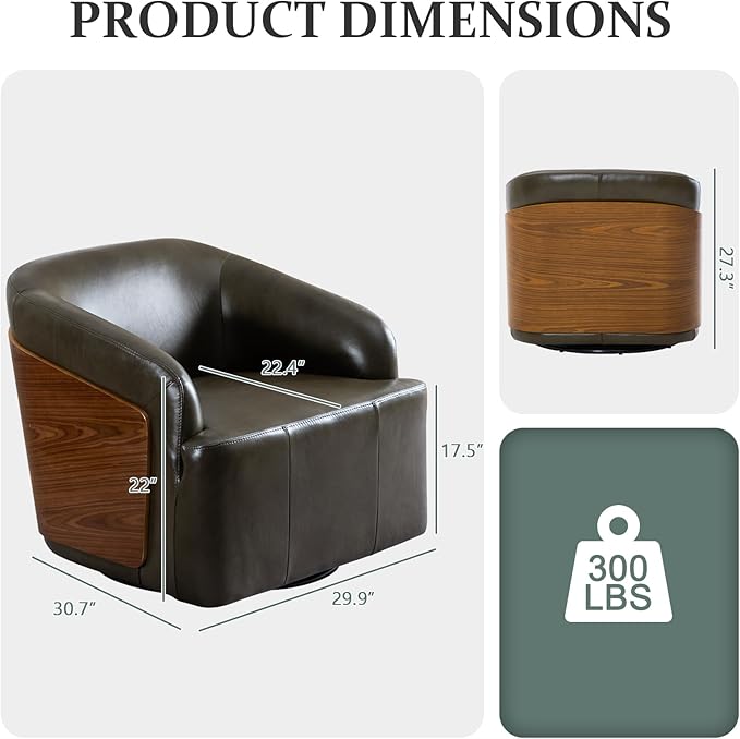 Genuine Leather Swivel Accent Chair Swivel Barrel Chair Comfortable Mid Century Modern Chair Upholstered Metal Base Armchair for Living Room Bedroom Office Large Olive Green