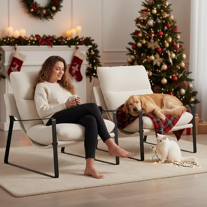 LukeAlon Modern Sherpa Accent Armchair, Upholstered Living Room Chair with Metal Base Thickened Cushion Single Sofa Chair Comfy Lounge Chair for Bedroom Living Room, White